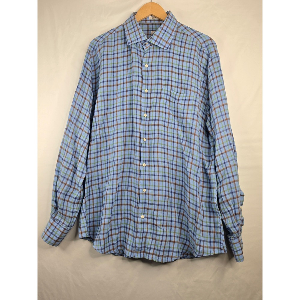 Peter Millar Mens XL Blue Plaid 100% Linen Long Sleeve Button Down Shirt - Picture 8 of 8
